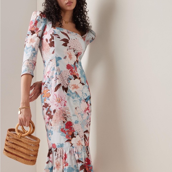 NWT Cara Cara Busy Puff-Sleeve Midi-Dress Japanese Floral blue - Picture 9 of 11